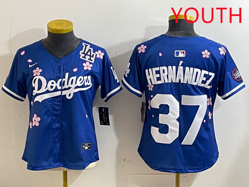 Youth Los Angeles Dodgers #37 Hernandez Blue Sakura Edition 2025 Nike MLB Jersey style 8->youth mlb jersey->Youth Jersey
